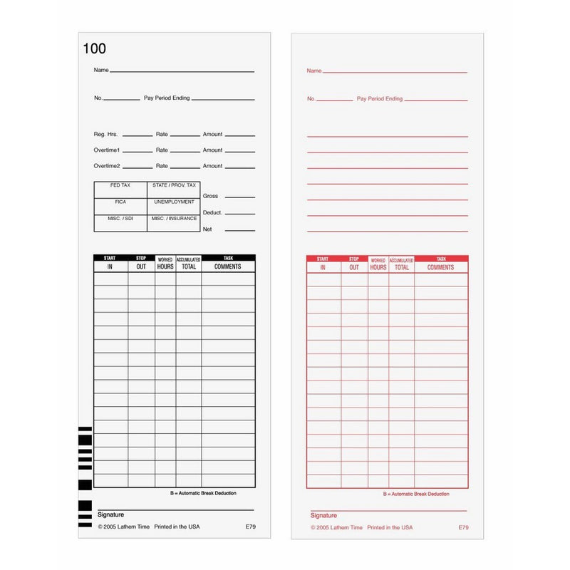 Lathem Universal Payroll/Job Time Cards, Double-Sided, for Lathem 7000E / 7500E Time Clocks, 100 Pack, E79-100