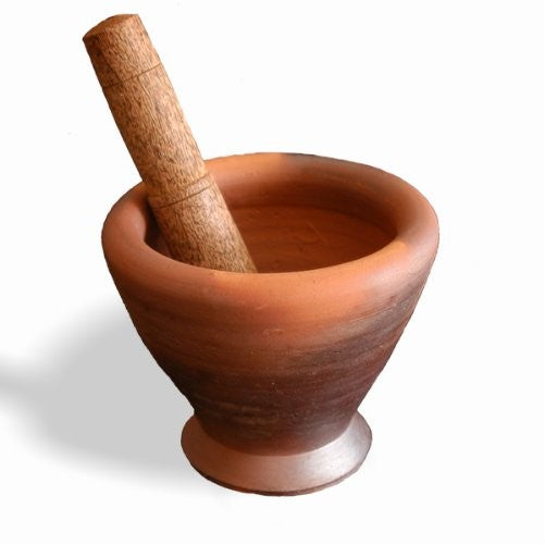 Thai & Laos Kruk Grinding Earthenware Clay Mortar with Palm Wooden Pestle, 8 Inches