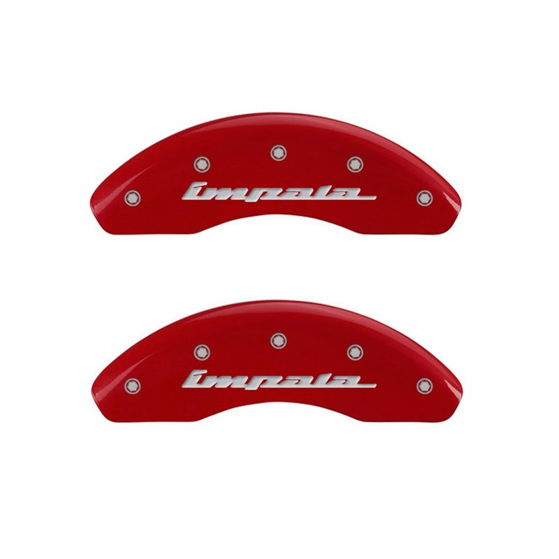 MGP Caliper Covers 14223SIMPRD 'IMPALA' Engraved Caliper Cover with Red Powder Coat Finish and Silver Characters, (Set of 4)