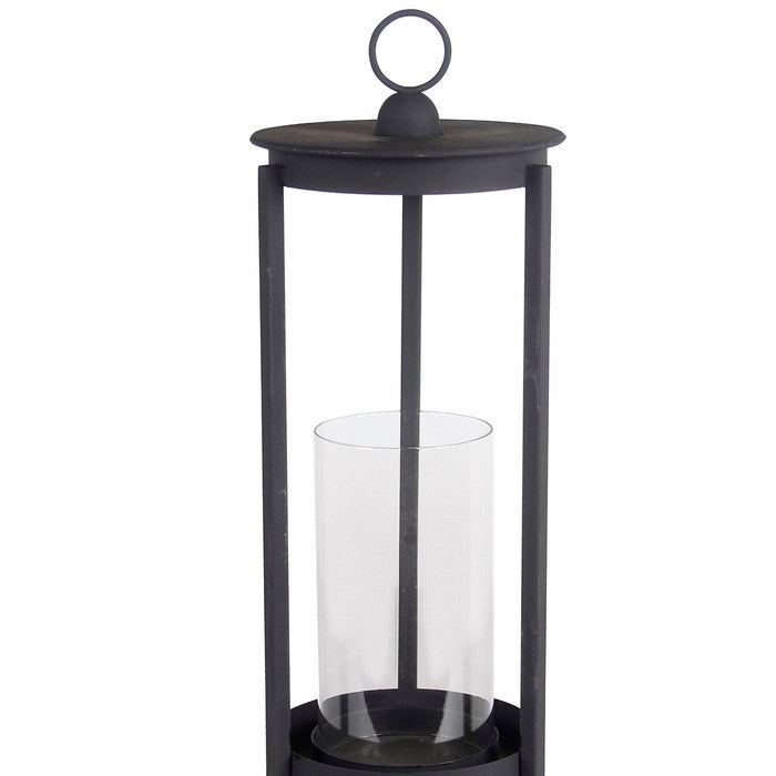 Transitional Style Metal Lantern with Glass Hurricane, Large, Gray