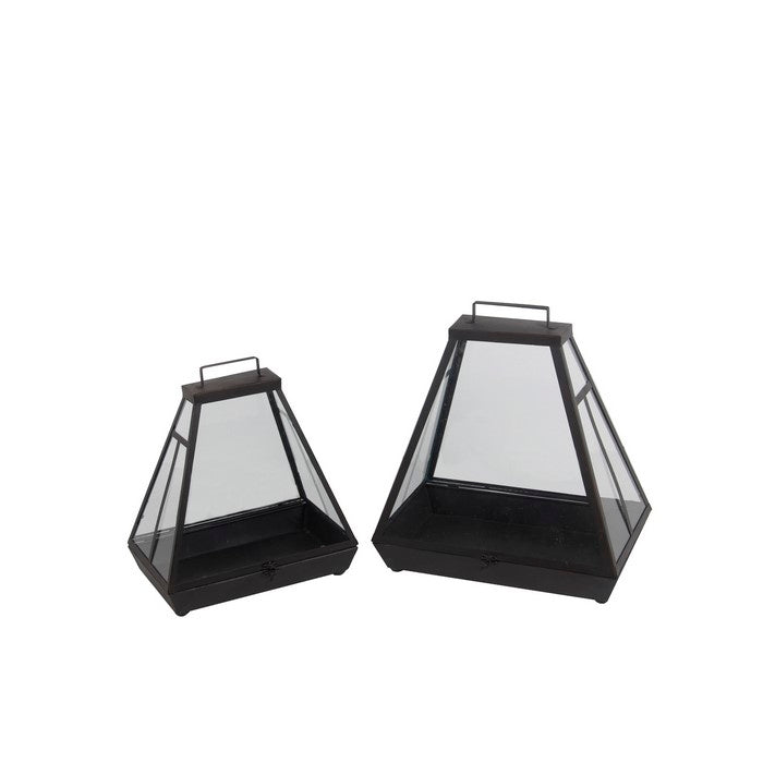 2 Piece Cowbell Shaped Metal and Glass Lantern, Gray