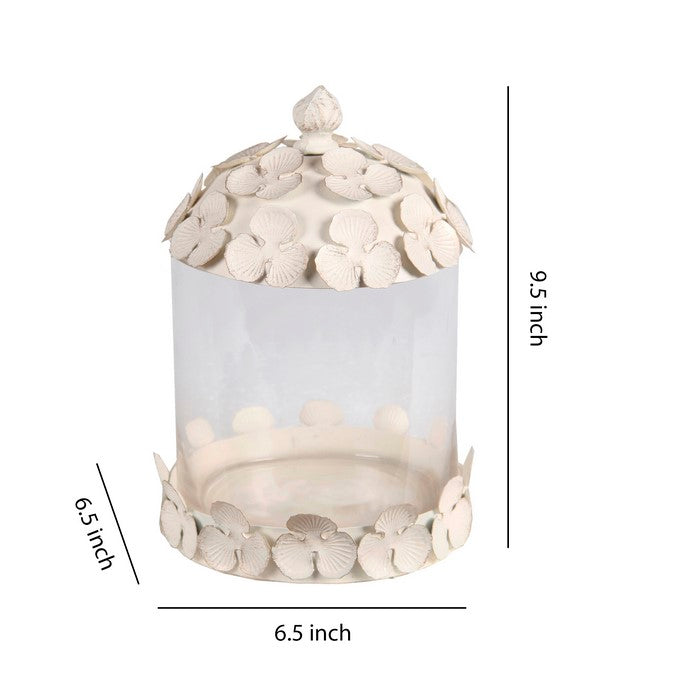 Decorative Metal and Glass Lidded Jar, Small, Beige and White
