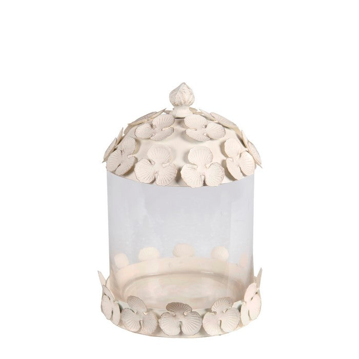Decorative Metal and Glass Lidded Jar, Small, Beige and White