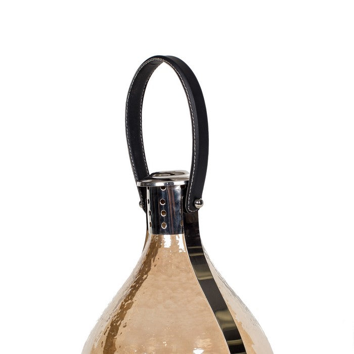 Contemporary Metal and Glass Lantern with Leather Handle, Multicolor