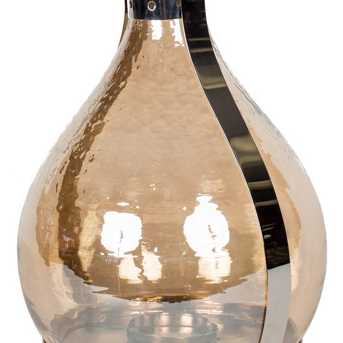 Contemporary Metal and Glass Lantern with Leather Handle, Multicolor