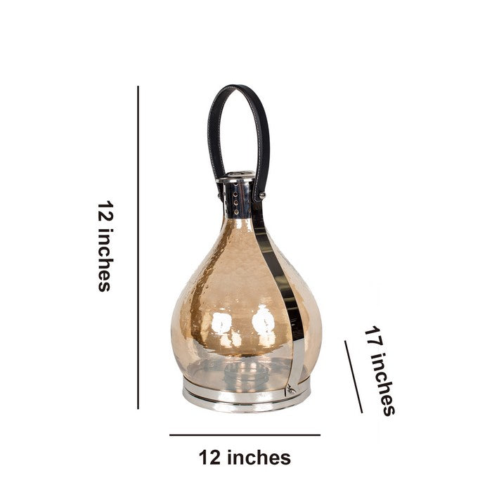 Contemporary Metal and Glass Lantern with Leather Handle, Multicolor