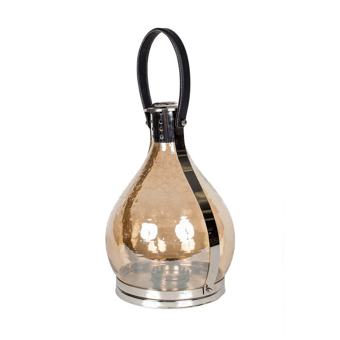 Contemporary Metal and Glass Lantern with Leather Handle, Multicolor