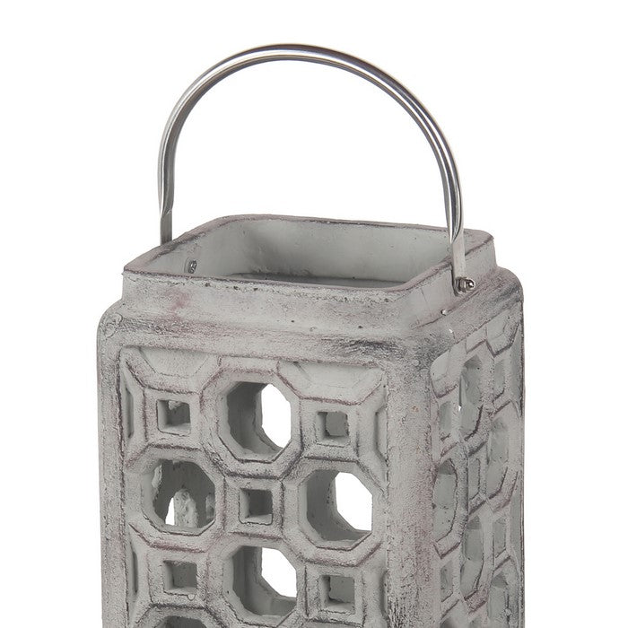Cement Lantern with Cut outs and Metal Handle, Large, Gray and Silver