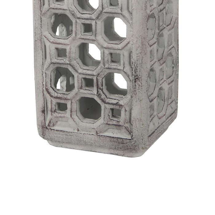Cement Lantern with Cut outs and Metal Handle, Large, Gray and Silver