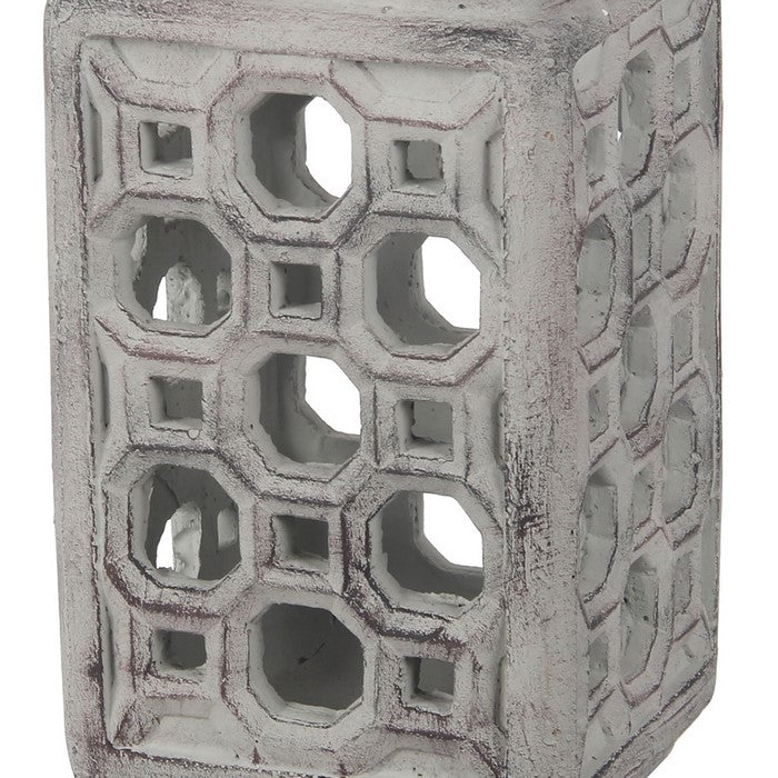 Cement Lantern with Cut outs and Metal Handle, Large, Gray and Silver