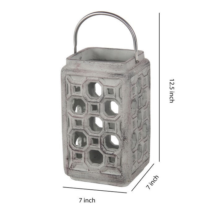 Cement Lantern with Cut outs and Metal Handle, Large, Gray and Silver
