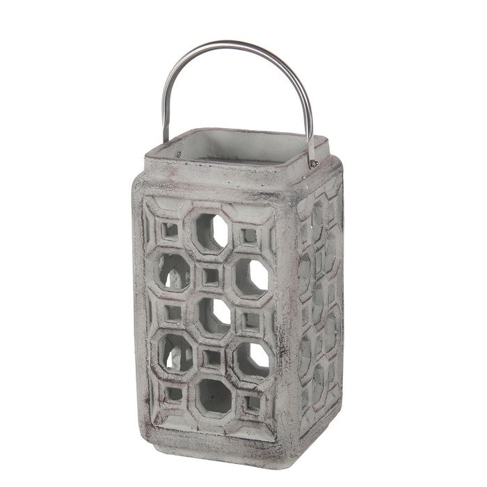 Cement Lantern with Cut outs and Metal Handle, Large, Gray and Silver