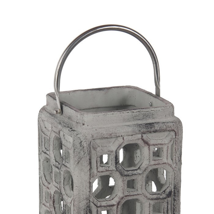 Cement Lantern with Cut outs and Metal Handle, Small, Gray and Silver