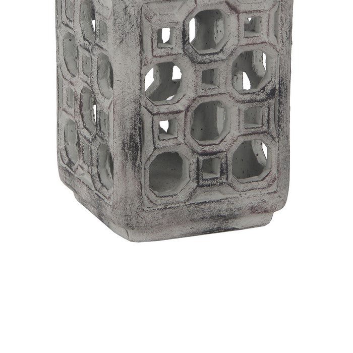 Cement Lantern with Cut outs and Metal Handle, Small, Gray and Silver