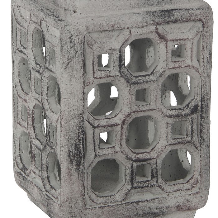 Cement Lantern with Cut outs and Metal Handle, Small, Gray and Silver