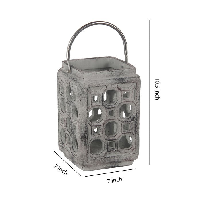 Cement Lantern with Cut outs and Metal Handle, Small, Gray and Silver