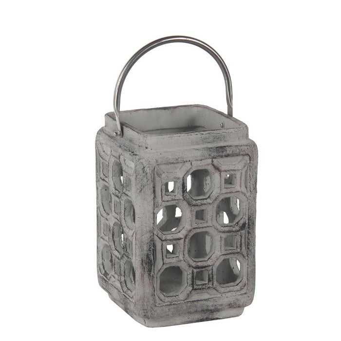 Cement Lantern with Cut outs and Metal Handle, Small, Gray and Silver