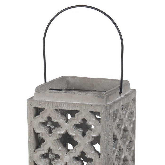 Cement Lantern with Lattice Cut outs and Handle, Large, Gray and Black
