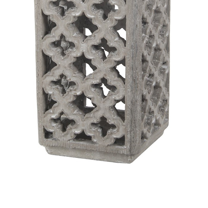 Cement Lantern with Lattice Cut outs and Handle, Large, Gray and Black