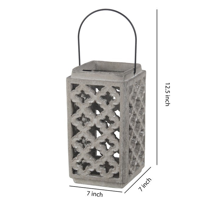 Cement Lantern with Lattice Cut outs and Handle, Large, Gray and Black