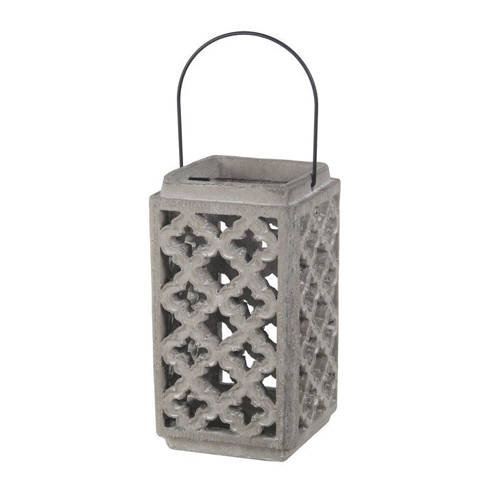 Cement Lantern with Lattice Cut outs and Handle, Large, Gray and Black