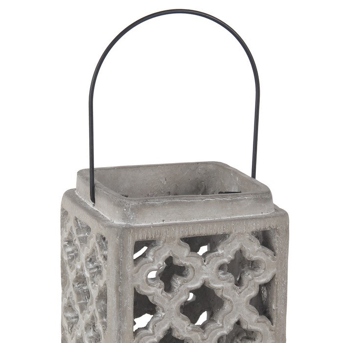 Cement Lantern with Lattice Cut outs and Handle, Small, Gray and Black