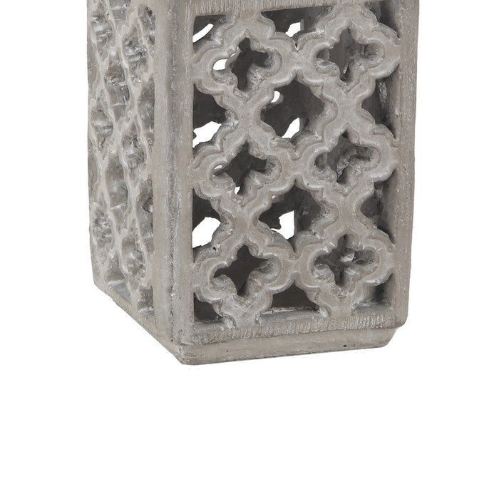 Cement Lantern with Lattice Cut outs and Handle, Small, Gray and Black