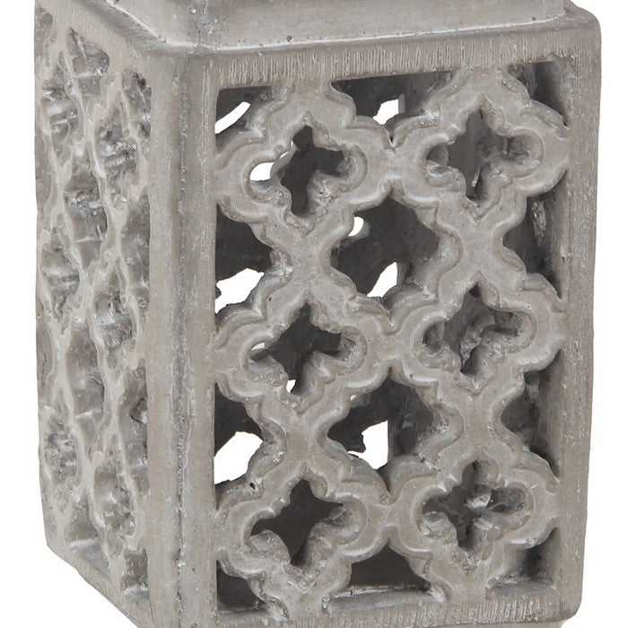Cement Lantern with Lattice Cut outs and Handle, Small, Gray and Black