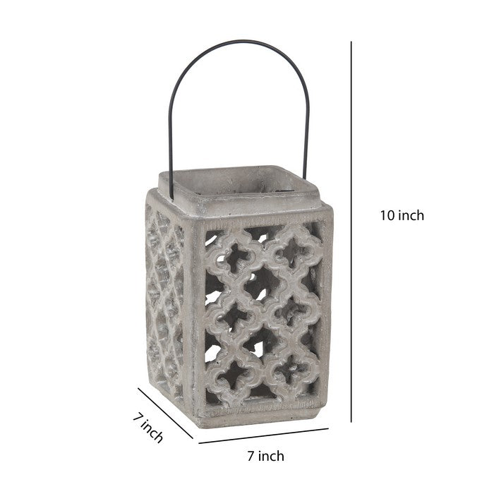 Cement Lantern with Lattice Cut outs and Handle, Small, Gray and Black