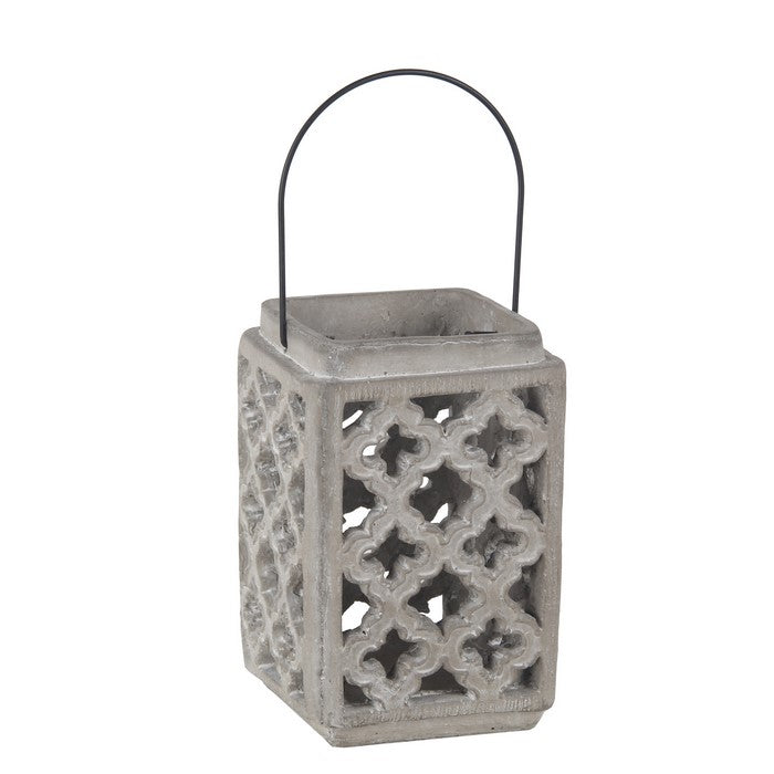 Cement Lantern with Lattice Cut outs and Handle, Small, Gray and Black