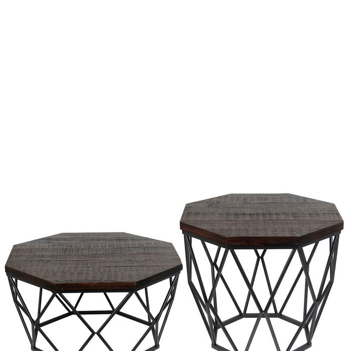 Geometric 2 Piece Wood and Metal Accent Table Set, Black and Gray