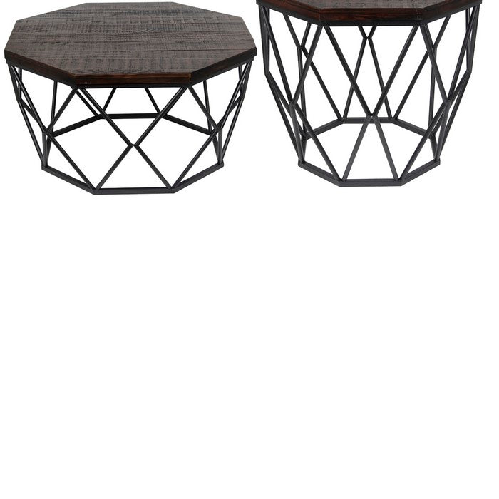 Geometric 2 Piece Wood and Metal Accent Table Set, Black and Gray