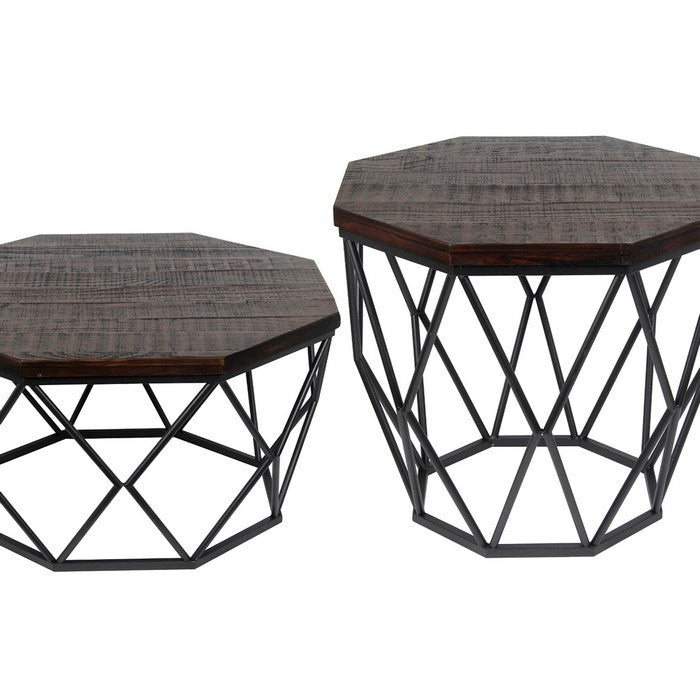 Geometric 2 Piece Wood and Metal Accent Table Set, Black and Gray