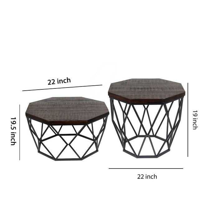Geometric 2 Piece Wood and Metal Accent Table Set, Black and Gray