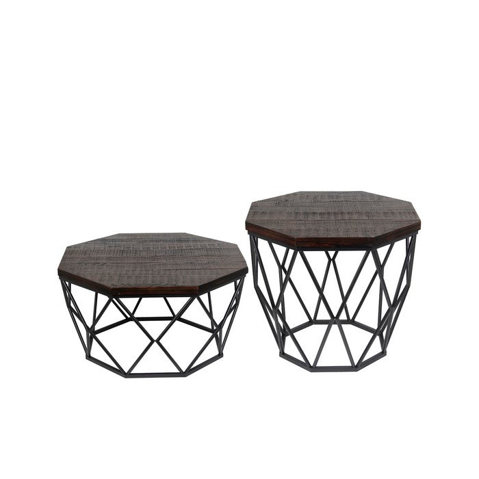 Geometric 2 Piece Wood and Metal Accent Table Set, Black and Gray