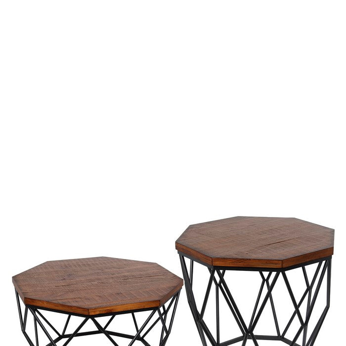 Geometric 2 Piece Wood and Metal Accent Table Set, Black and Brown