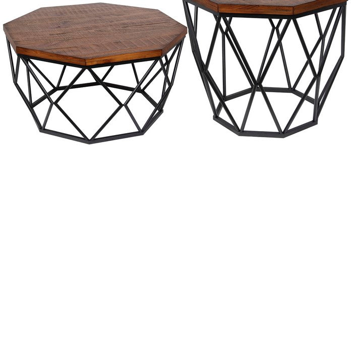 Geometric 2 Piece Wood and Metal Accent Table Set, Black and Brown