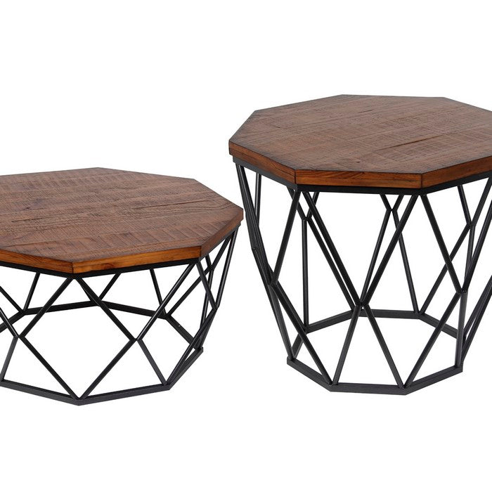 Geometric 2 Piece Wood and Metal Accent Table Set, Black and Brown