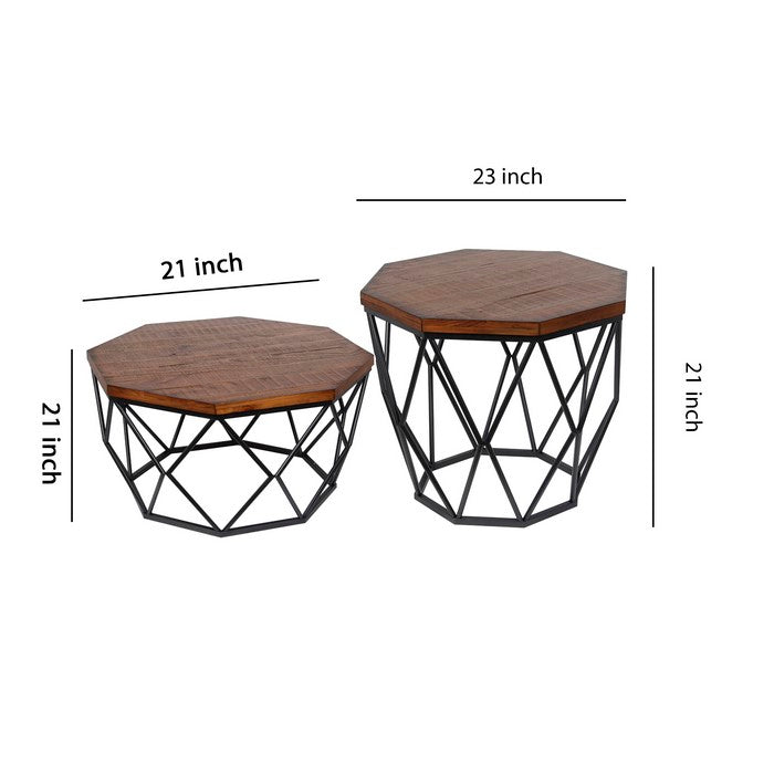 Geometric 2 Piece Wood and Metal Accent Table Set, Black and Brown