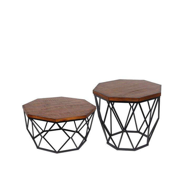 Geometric 2 Piece Wood and Metal Accent Table Set, Black and Brown