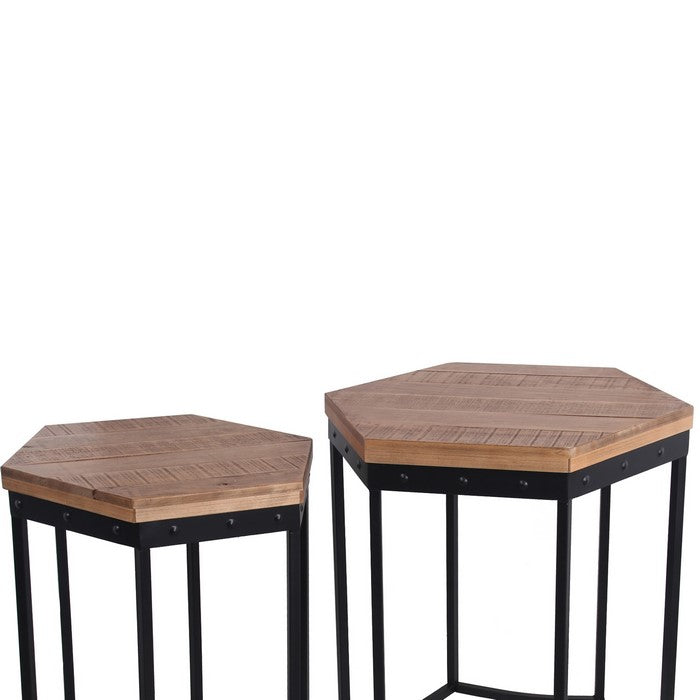 Hexagonal Shaped 2 Piece Wood and Metal Accent Table, Brown and Black
