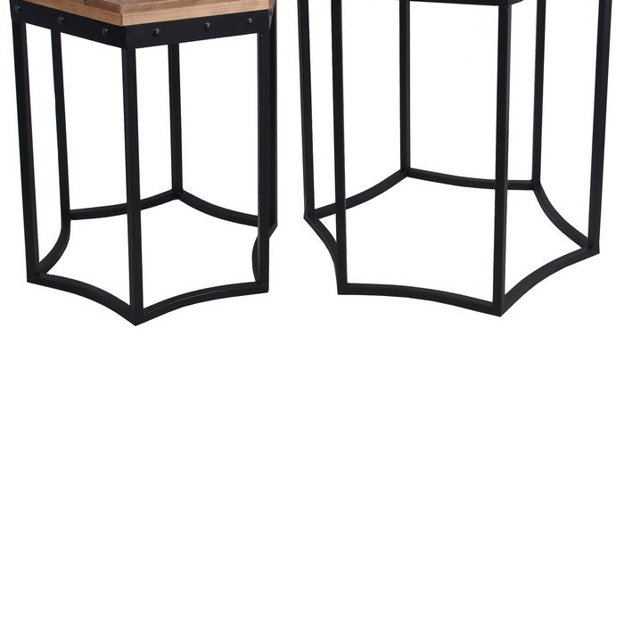 Hexagonal Shaped 2 Piece Wood and Metal Accent Table, Brown and Black