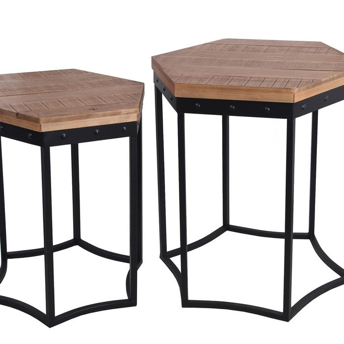 Hexagonal Shaped 2 Piece Wood and Metal Accent Table, Brown and Black