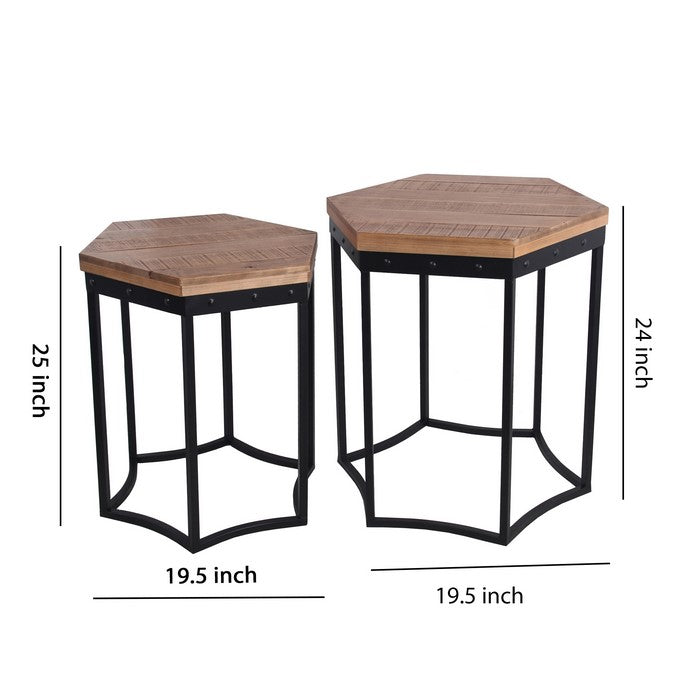 Hexagonal Shaped 2 Piece Wood and Metal Accent Table, Brown and Black