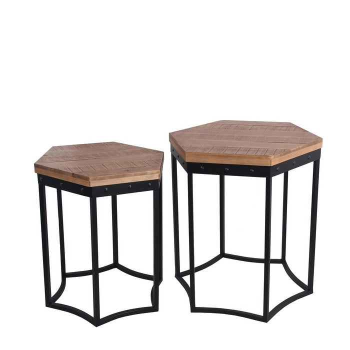 Hexagonal Shaped 2 Piece Wood and Metal Accent Table, Brown and Black