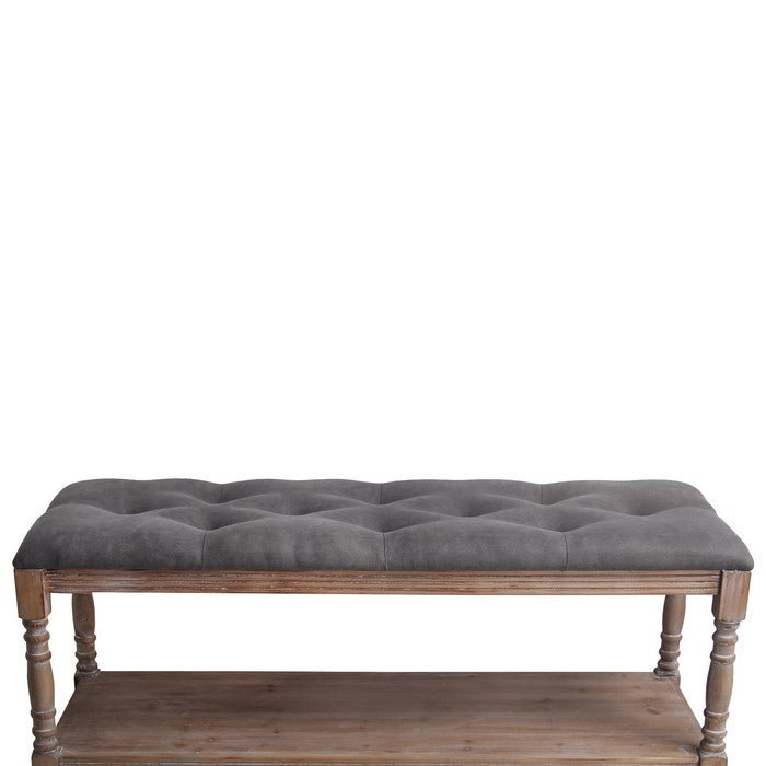 Wood and Tufted Fabric Upholstered Bench, Large, Gray and Brown
