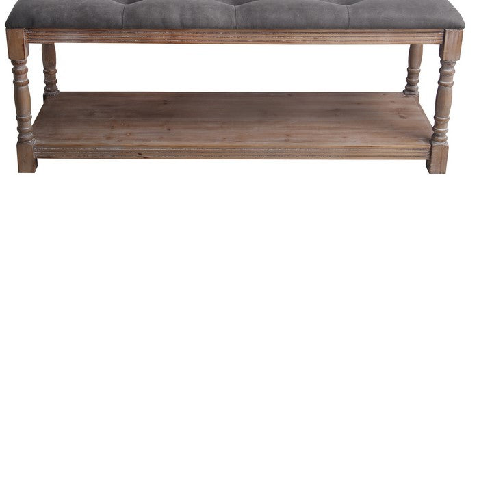 Wood and Tufted Fabric Upholstered Bench, Large, Gray and Brown