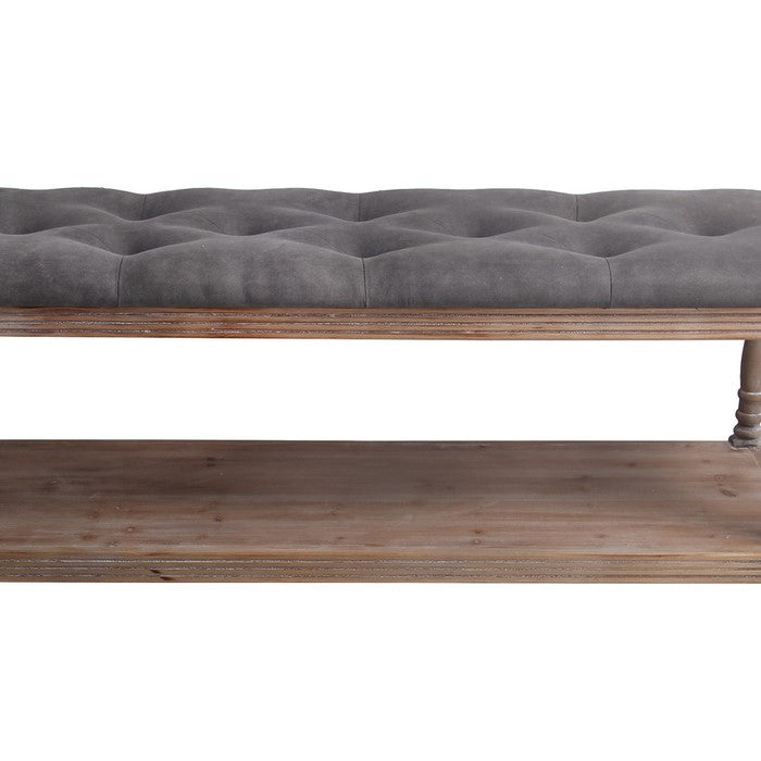 Wood and Tufted Fabric Upholstered Bench, Large, Gray and Brown