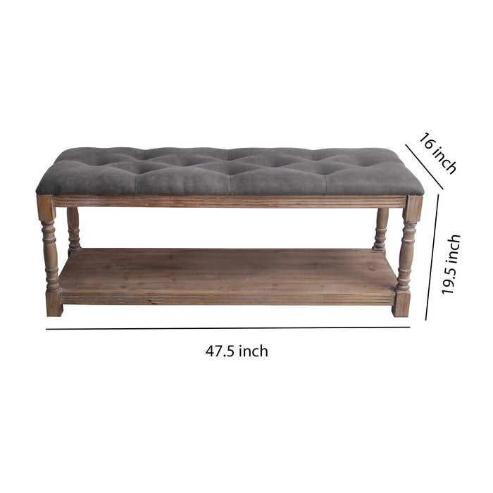 Wood and Tufted Fabric Upholstered Bench, Large, Gray and Brown