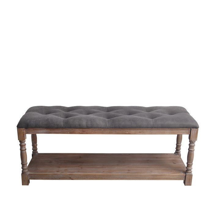Wood and Tufted Fabric Upholstered Bench, Large, Gray and Brown